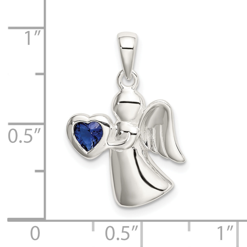 Sterling Silver Angel with Dark Blue CZ Heart Pendant