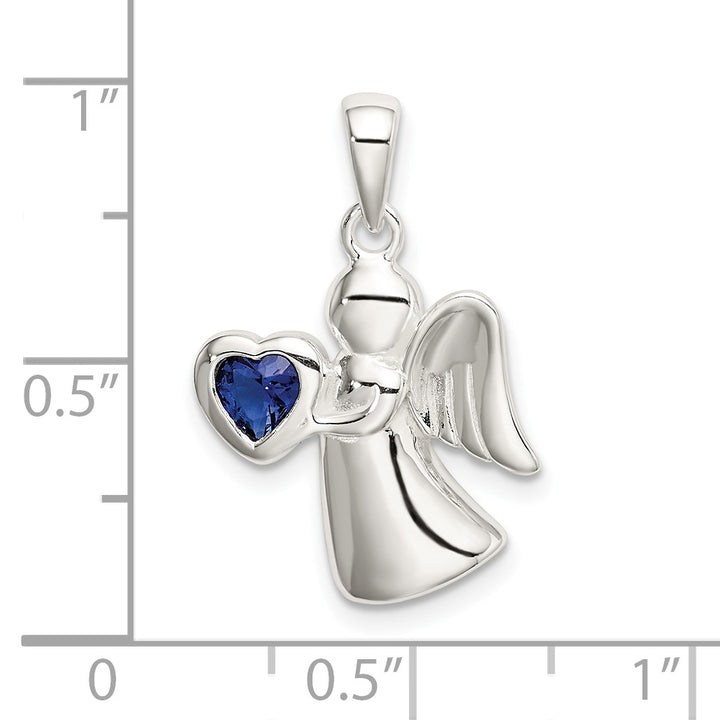 Sterling Silver Angel with Dark Blue CZ Heart Pendant
