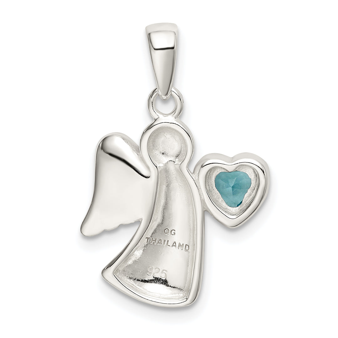 Sterling Silver Angel with Light Blue CZ Heart Pendant