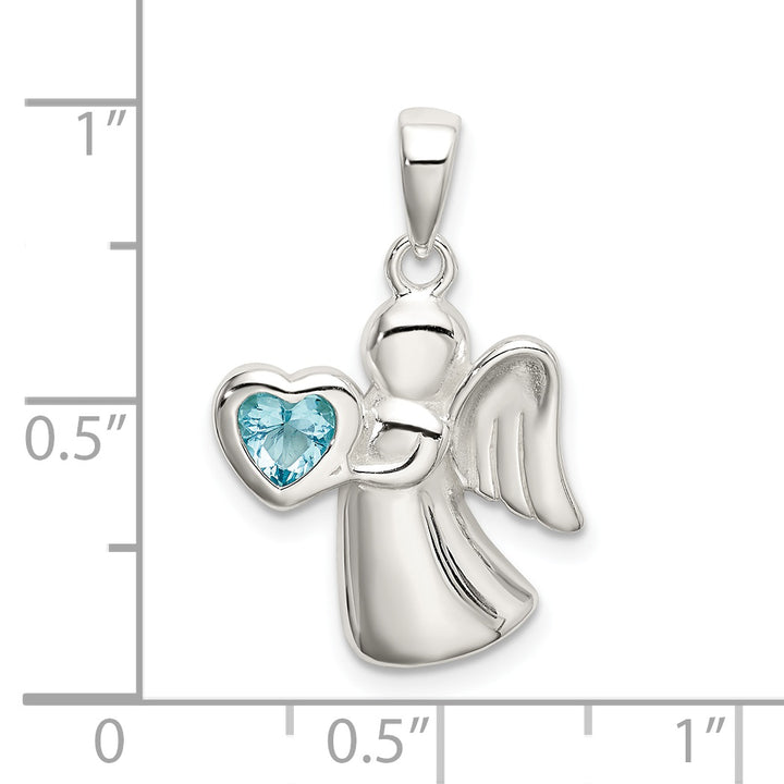 Sterling Silver Angel with Light Blue CZ Heart Pendant