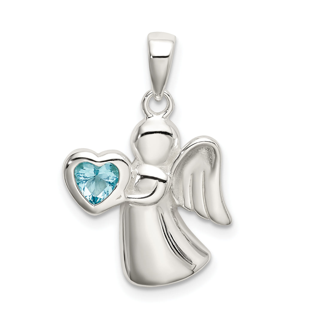 Sterling Silver Angel with Light Blue CZ Heart Pendant