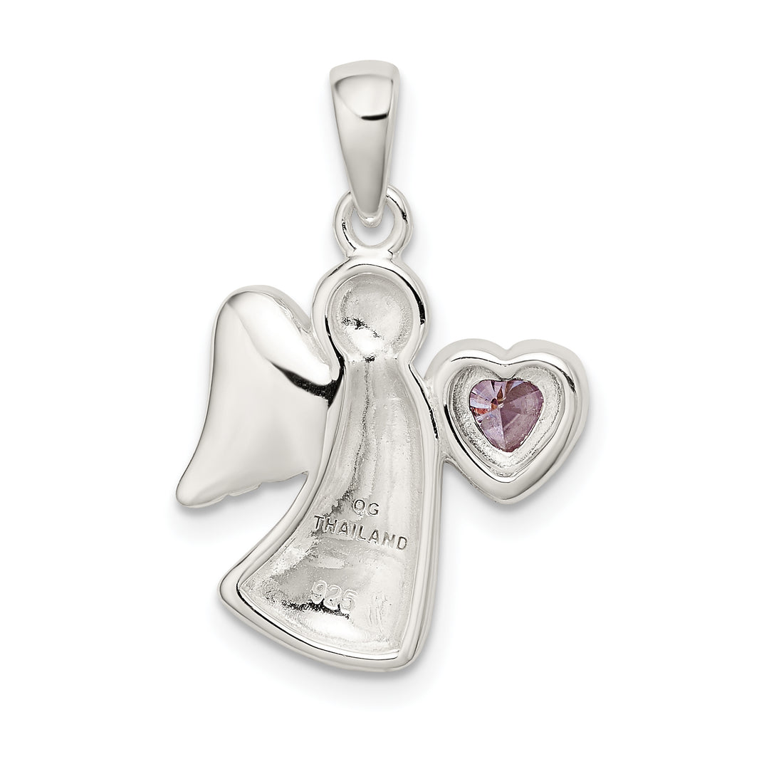 Sterling Silver Angel with Light Purple CZ Heart Pendant