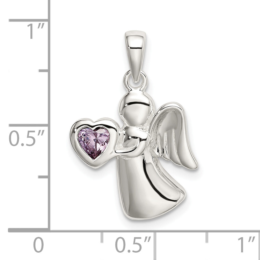 Sterling Silver Angel with Light Purple CZ Heart Pendant
