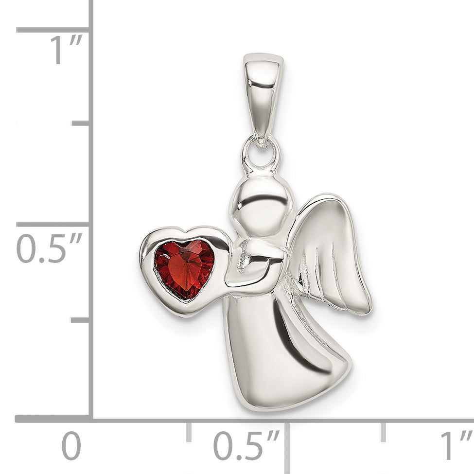 Sterling Silver Angel with Dark Red CZ Heart Pendant