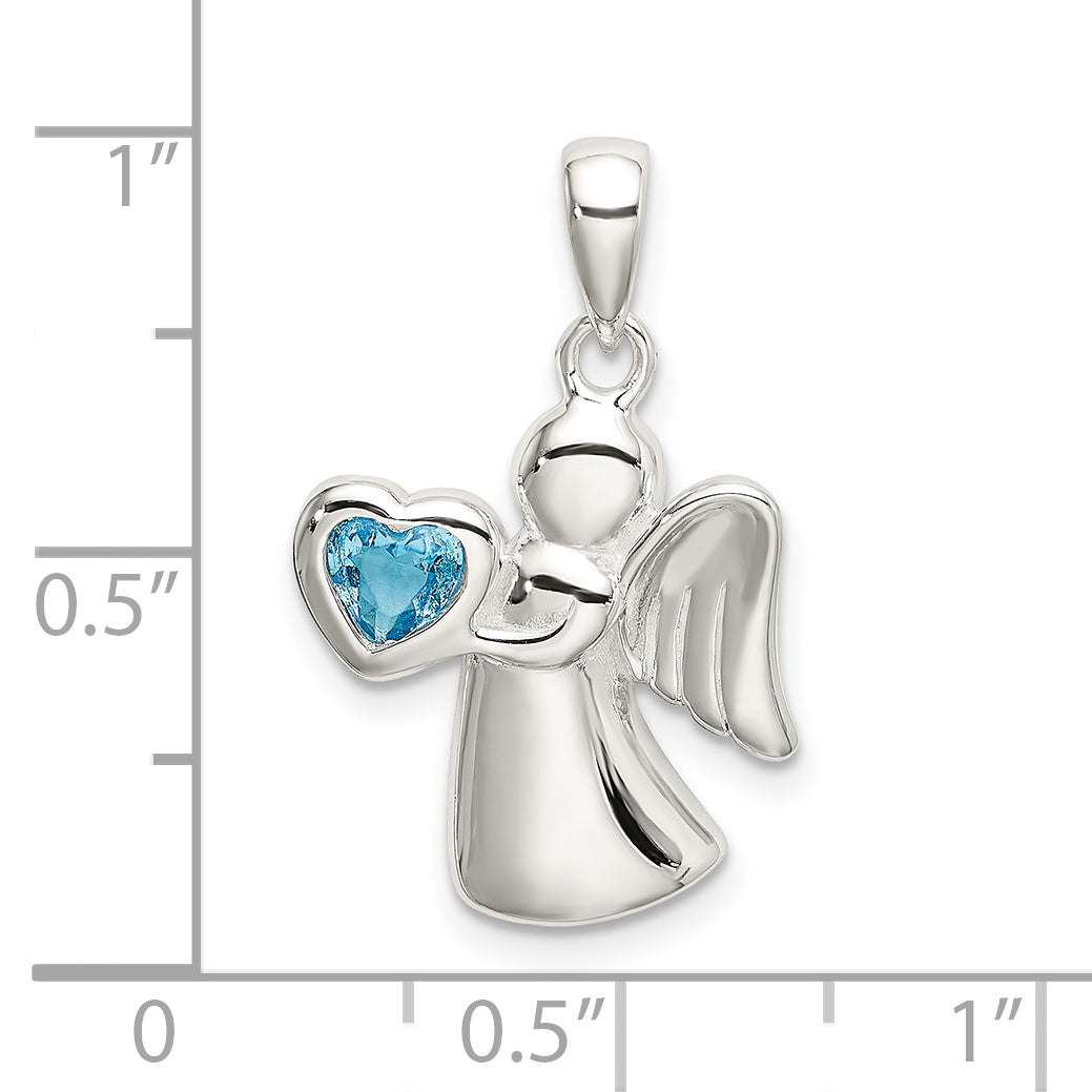 Sterling Silver Angel with Blue CZ Heart Pendant