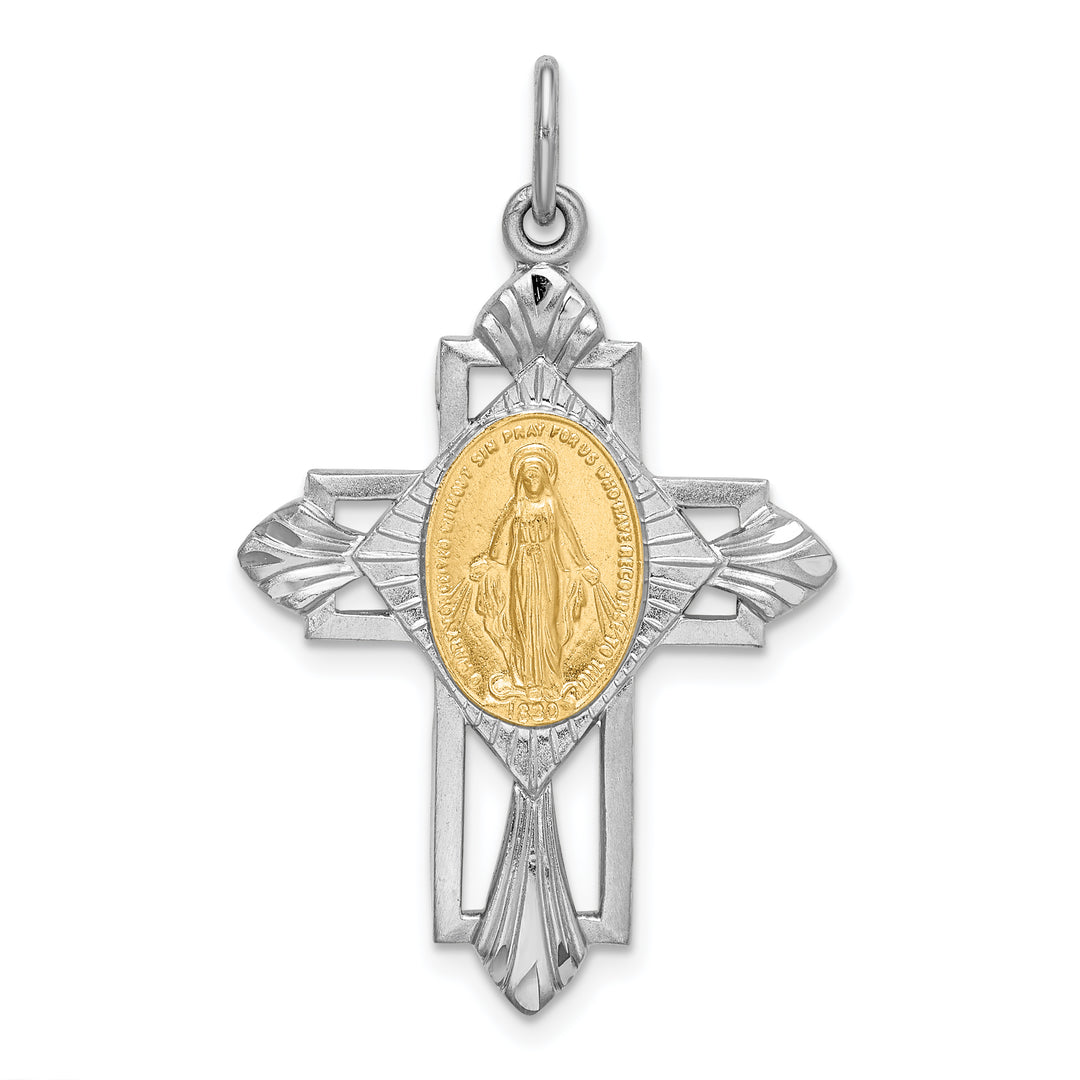 Sterling Silver Gold-tone Miraculous Medal Cross Pendant