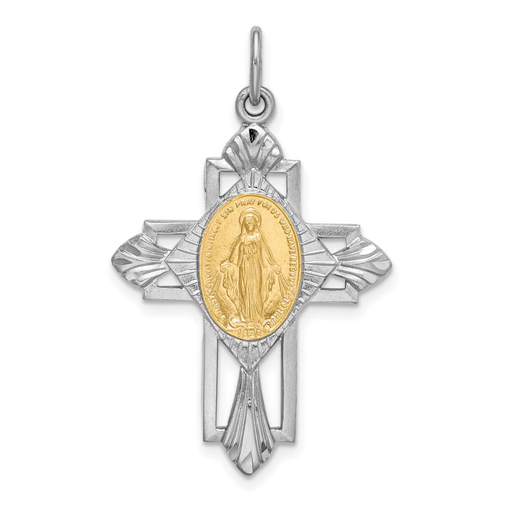 Sterling Silver Gold-tone Miraculous Medal Cross Pendant
