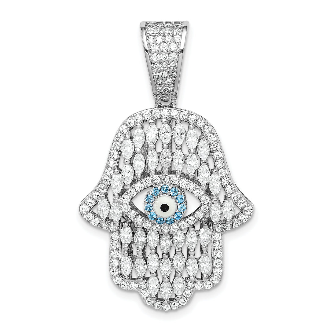 Sterling Silver White and Blue CZ Hamsa Eye Pendant