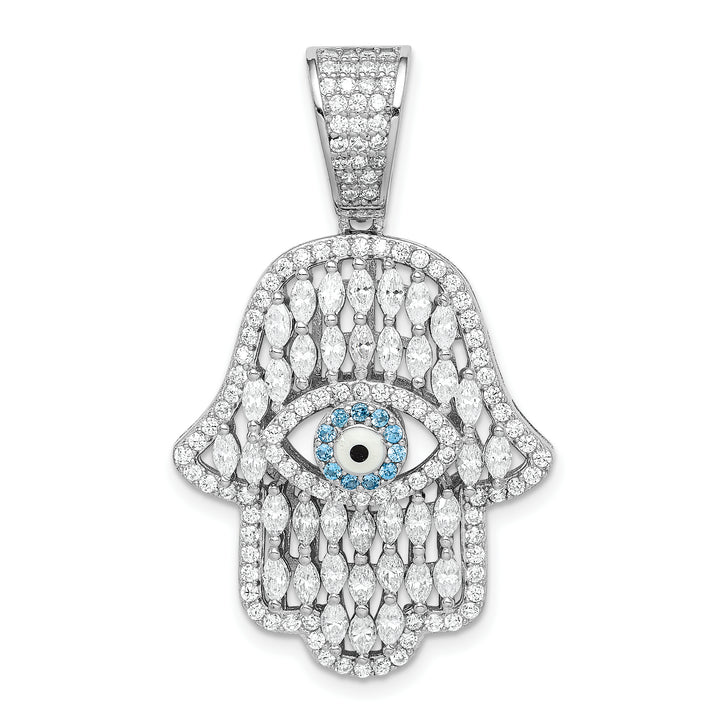 Sterling Silver White and Blue CZ Hamsa Eye Pendant