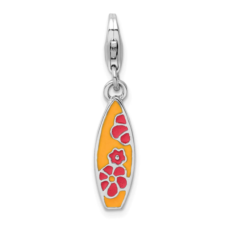 Sterling Silver Enameled Surf Board with Flowers Lobster Clasp Charm