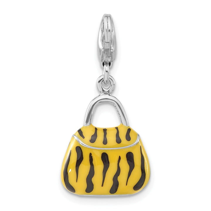 Sterling Silver 3-D CZ Yellow/Black Enamel Tiger Purse Charm