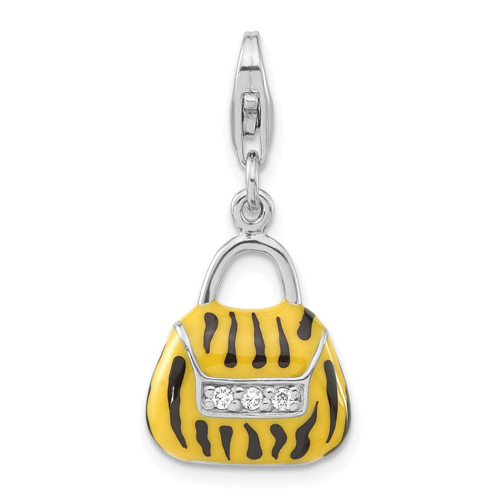 Sterling Silver 3-D CZ Yellow/Black Enamel Tiger Purse Charm
