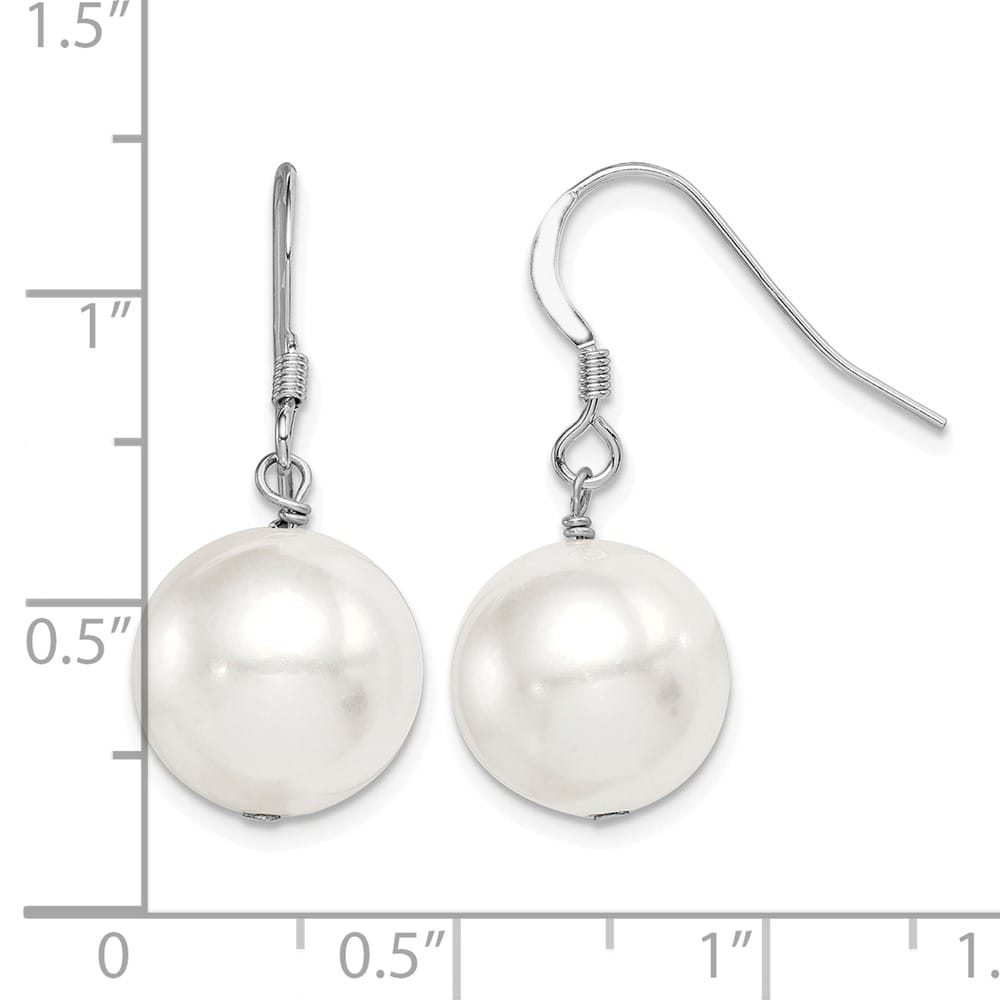 Sterling Silver 12-13mm White Round Shell Bead Dangle Earrings, view 4 of 4