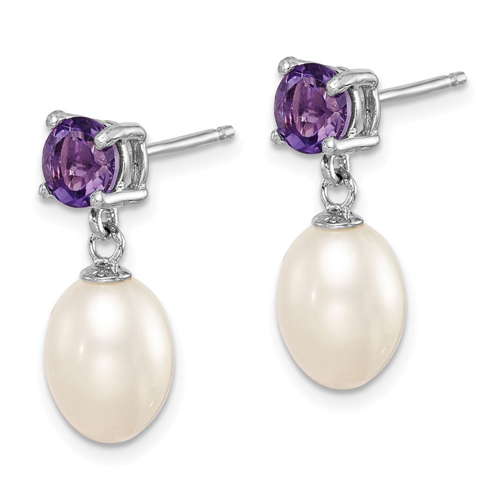 Sterling Silver 7-8mm White Teardrop Pearl Amethyst Dangle Earrings, view 2 of 4
