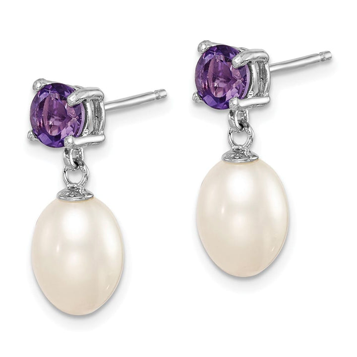 Sterling Silver 7-8mm White Teardrop Pearl Amethyst Dangle Earrings, view 2 of 4