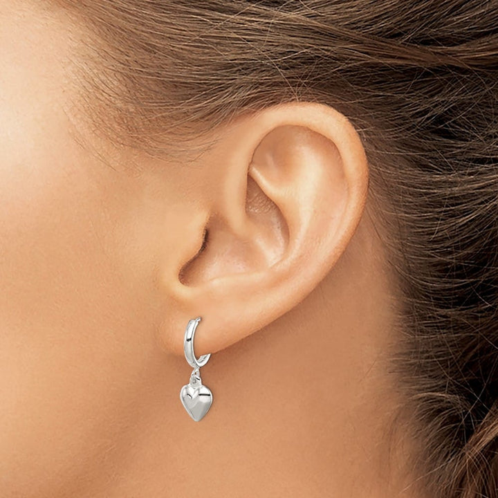 Sterling Silver Puff Heart Dangle Hoop Earrings