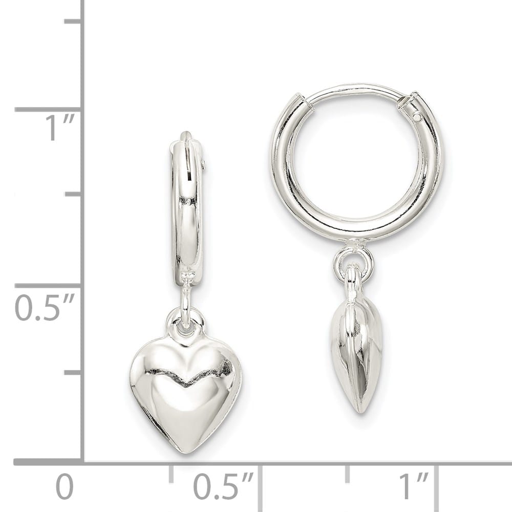 Sterling Silver Puff Heart Dangle Hoop Earrings