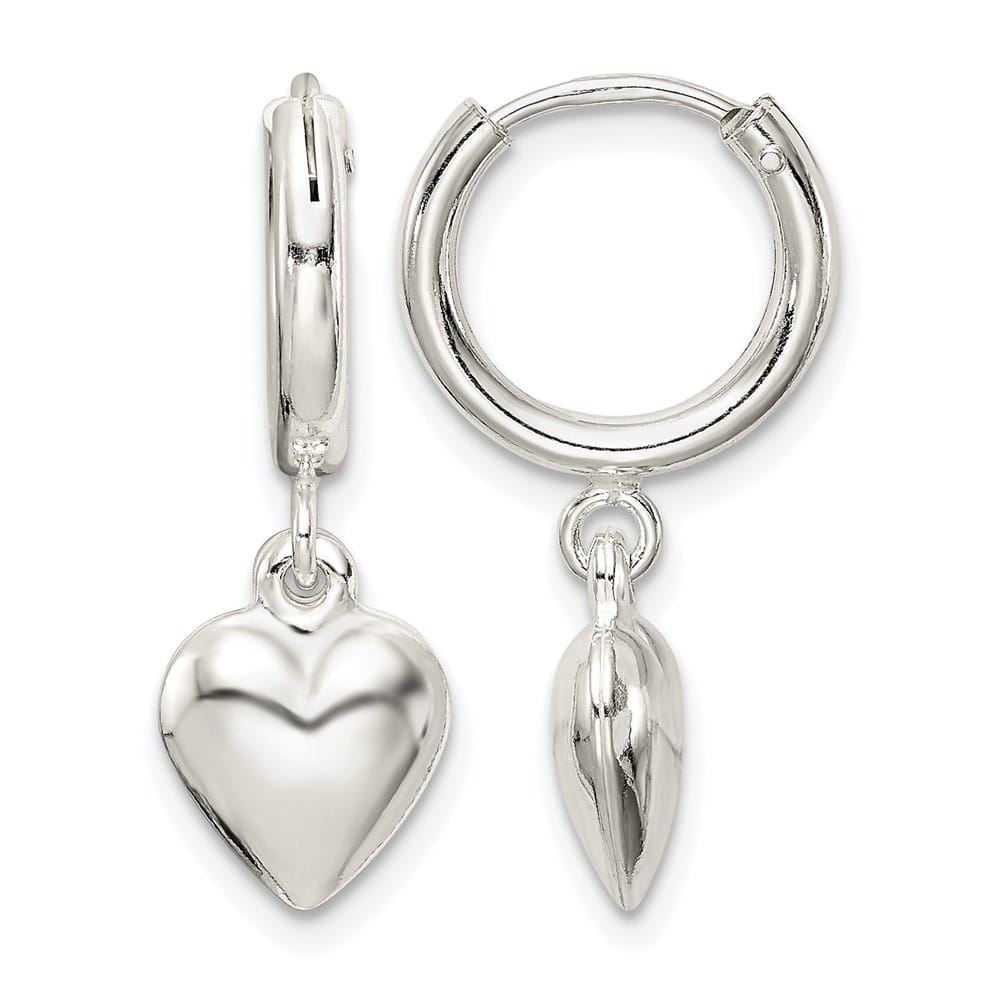Sterling Silver Puff Heart Dangle Hoop Earrings