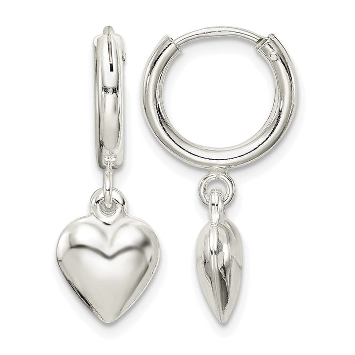 Sterling Silver Puff Heart Dangle Hoop Earrings