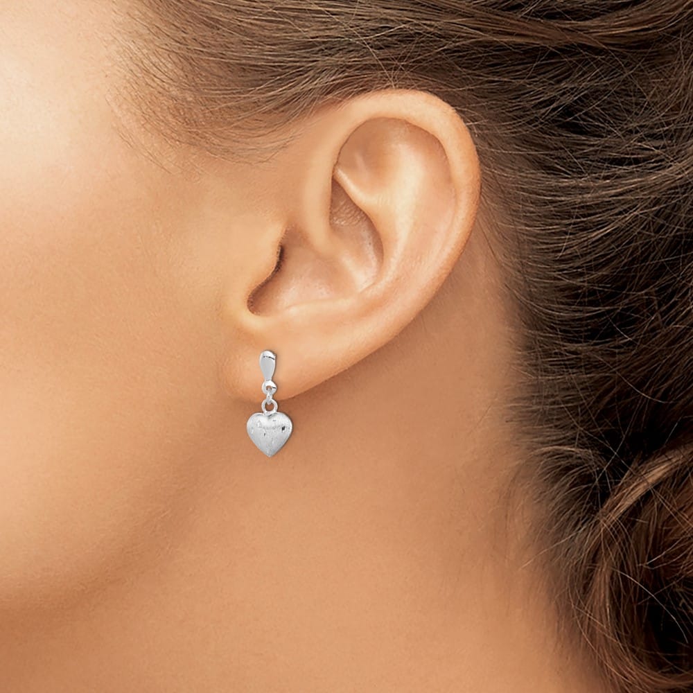 Sterling Silver 3-D Scratch Finish Heart Dangle Earrings