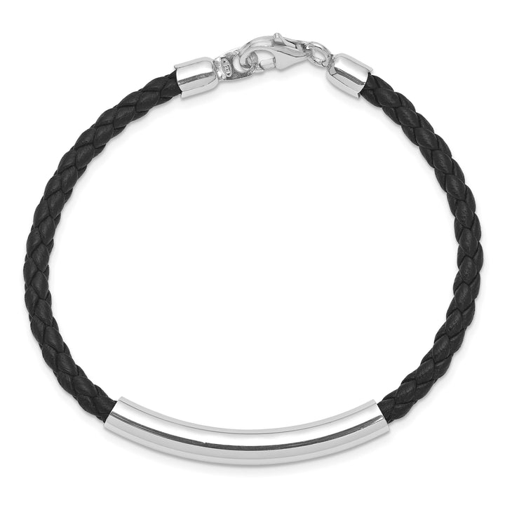Sterling Silver Rhodium-plated Bar Braided Black Leather 7" Bracelet