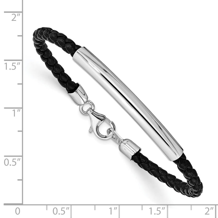 Sterling Silver Rhodium-plated Bar Braided Black Leather 7" Bracelet