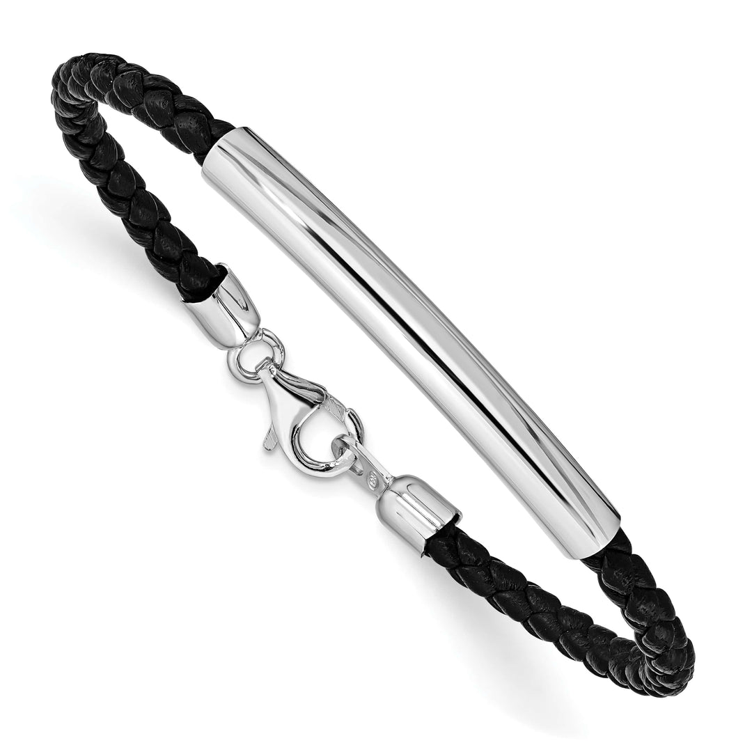 Sterling Silver Rhodium-plated Bar Braided Black Leather 7" Bracelet