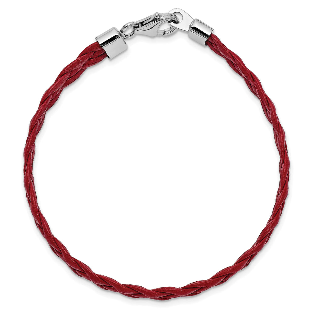Sterling Silver Rhodium-plated Red Braided Leather 7 inch Bracelet