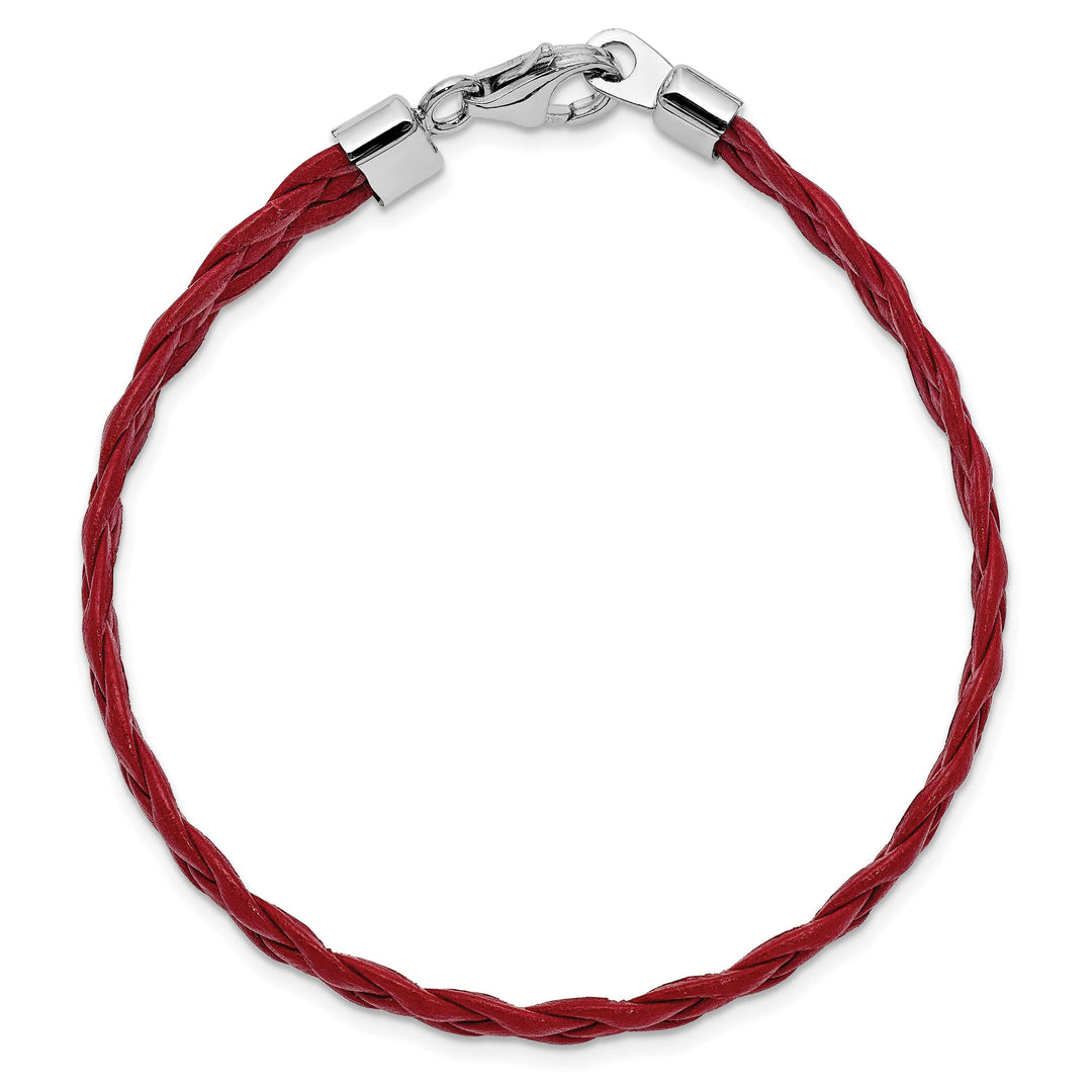 Sterling Silver Rhodium-plated Red Braided Leather 7 inch Bracelet