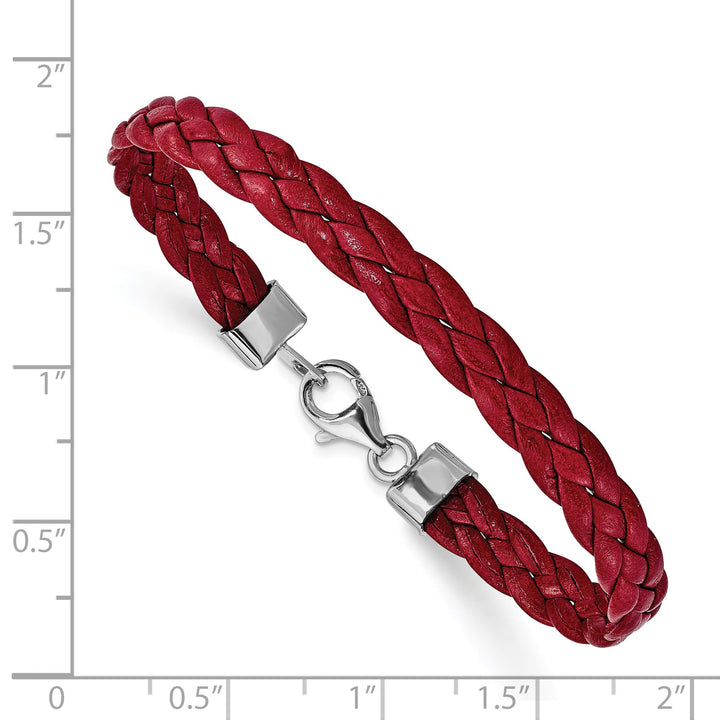Sterling Silver Rhodium-plated Red Braided Leather 7 inch Bracelet