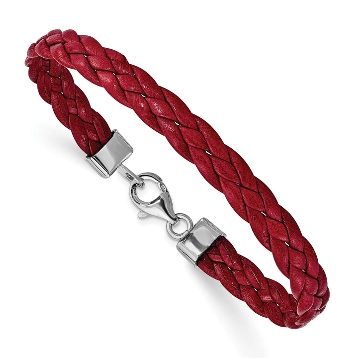 Sterling Silver Rhodium-plated Red Braided Leather 7 inch Bracelet