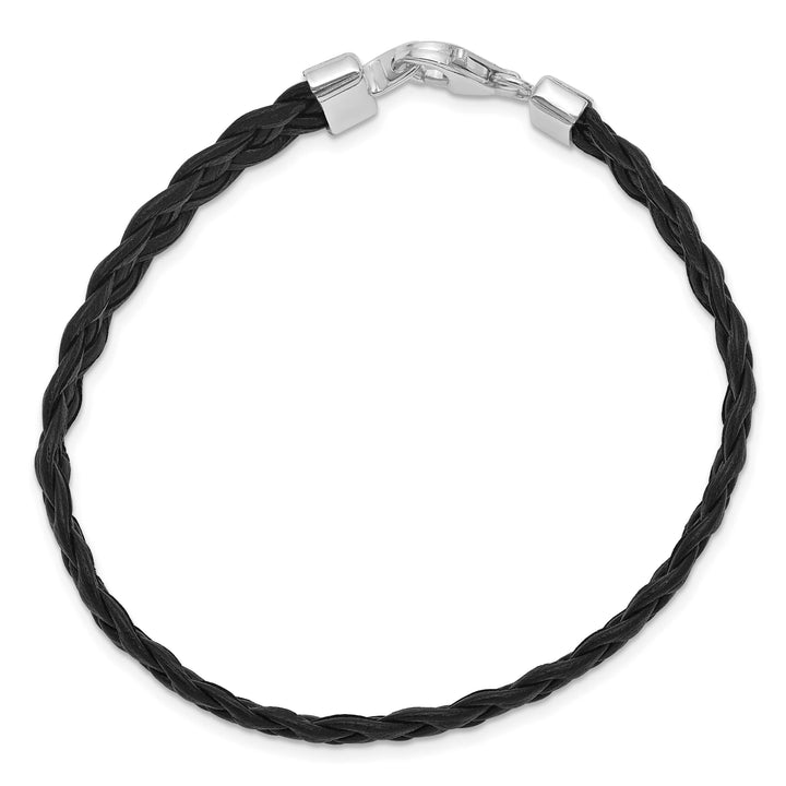 Sterling Silver Rhodium-plated Black Braided Leather 7 inch Bracelet