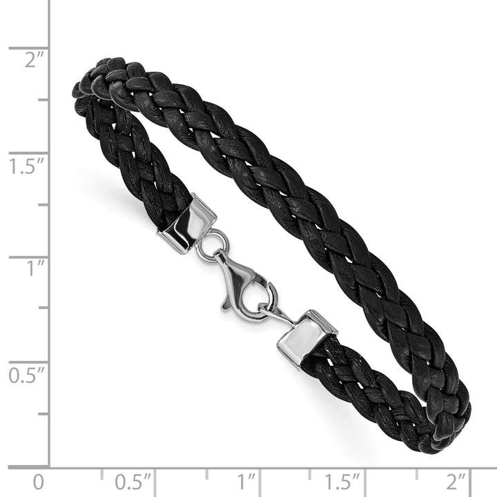 Sterling Silver Rhodium-plated Black Braided Leather 7 inch Bracelet
