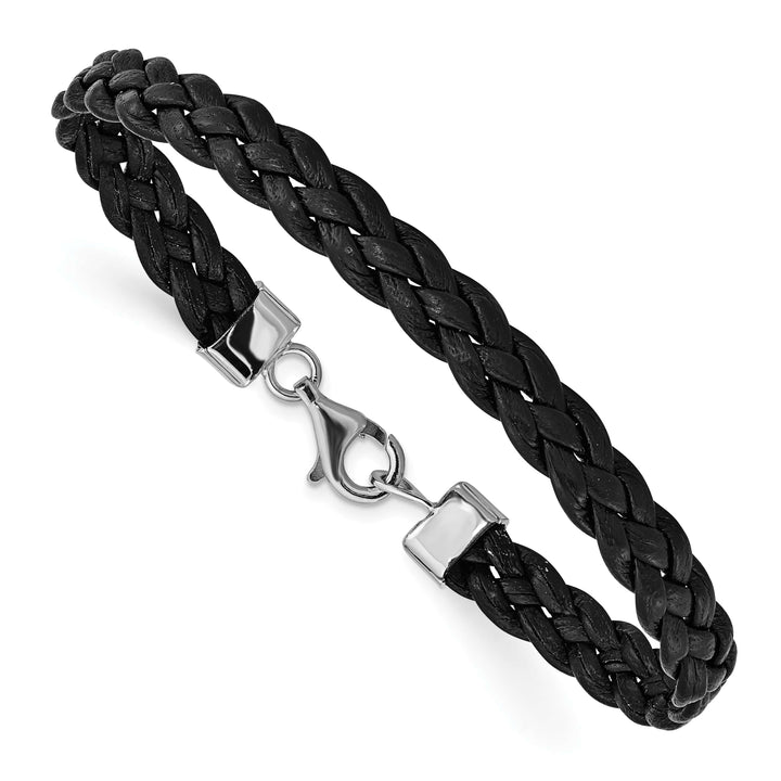 Sterling Silver Rhodium-plated Black Braided Leather 7 inch Bracelet