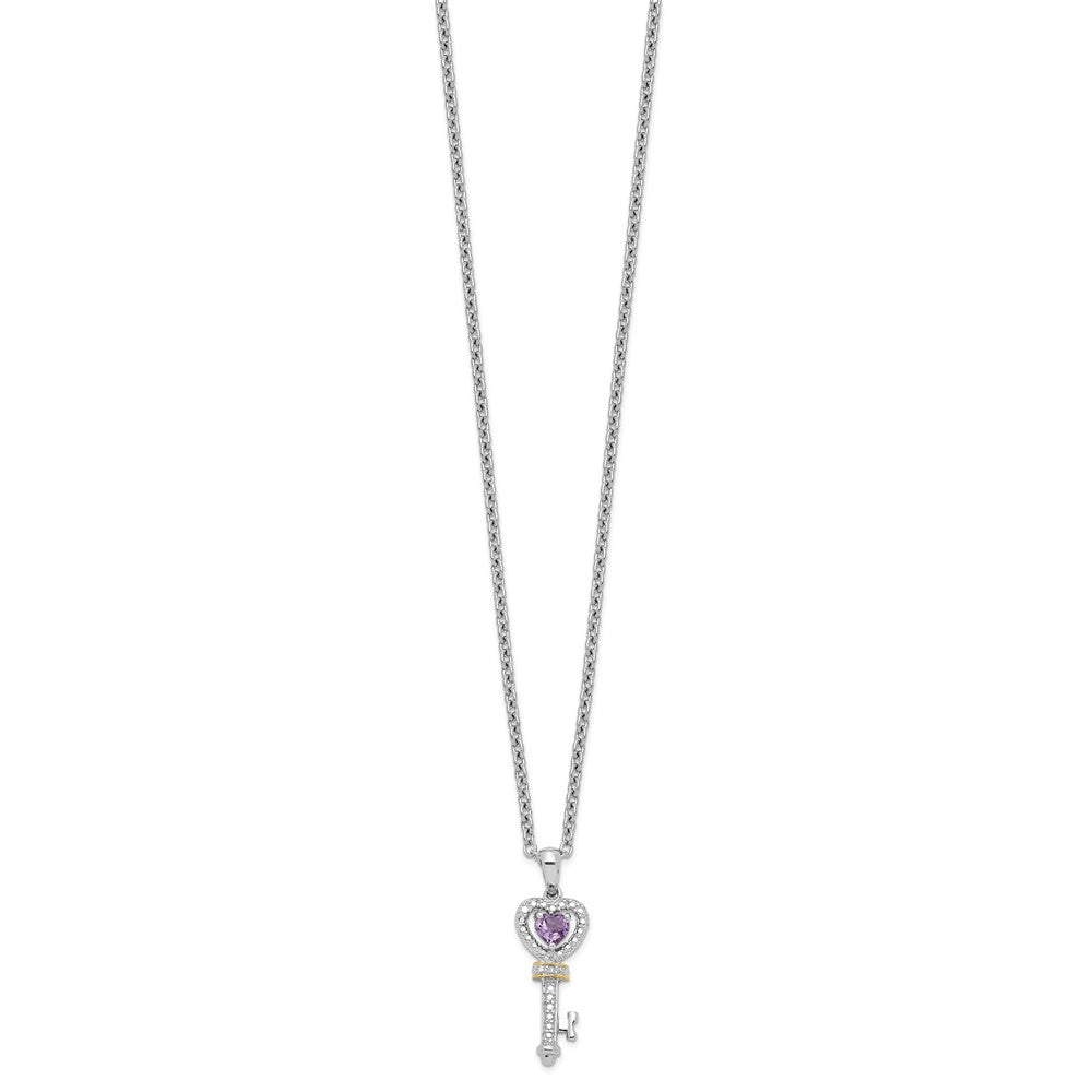 Sterling Silver 14k Accent Amethyst and Diamond Key 20 inch Necklace