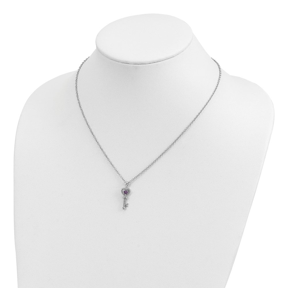 Sterling Silver 14k Accent Amethyst and Diamond Key 20 inch Necklace