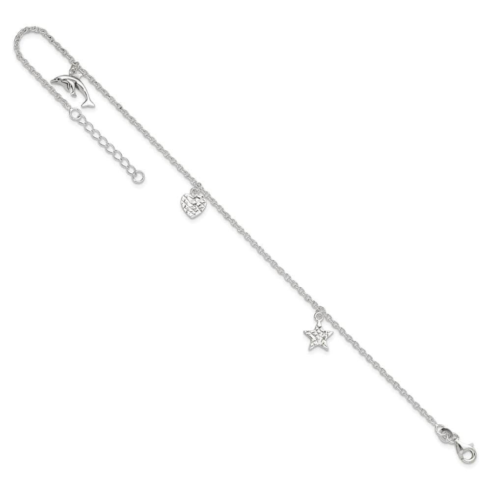 Sterling Silver Heart/Star/Dolphin Charms Anklet