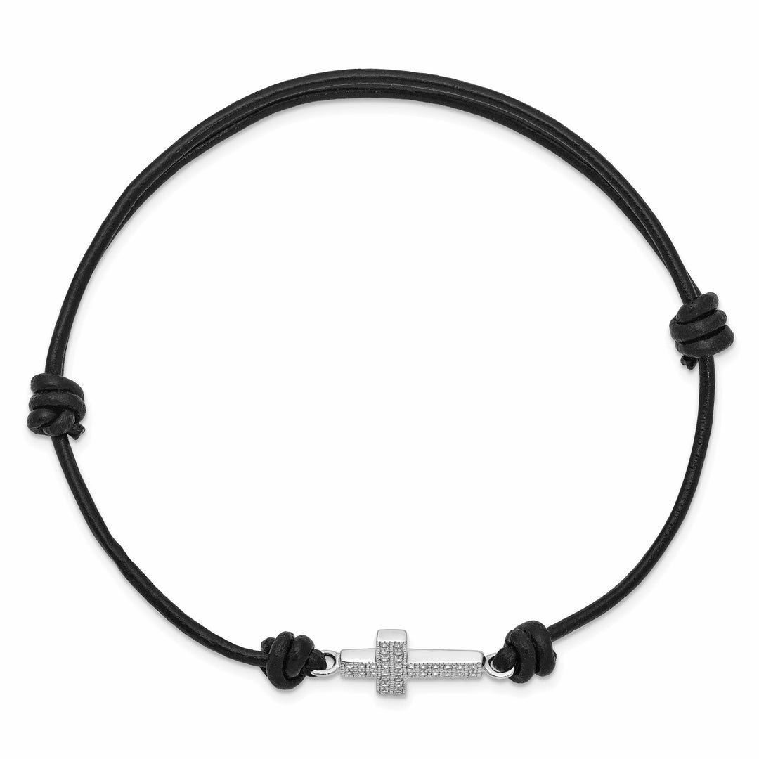 Sterling Silver Rhodium-plated CZ Cross Black Leather Bracelet