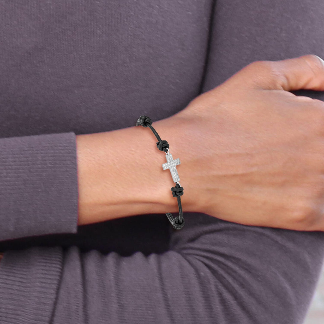 Sterling Silver Rhodium-plated CZ Cross Black Leather Bracelet