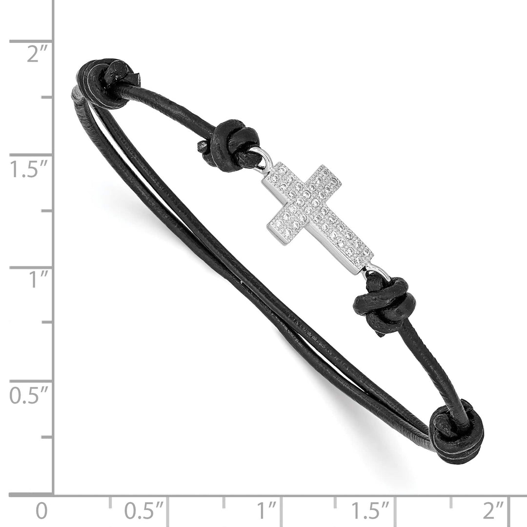 Sterling Silver Rhodium-plated CZ Cross Black Leather Bracelet