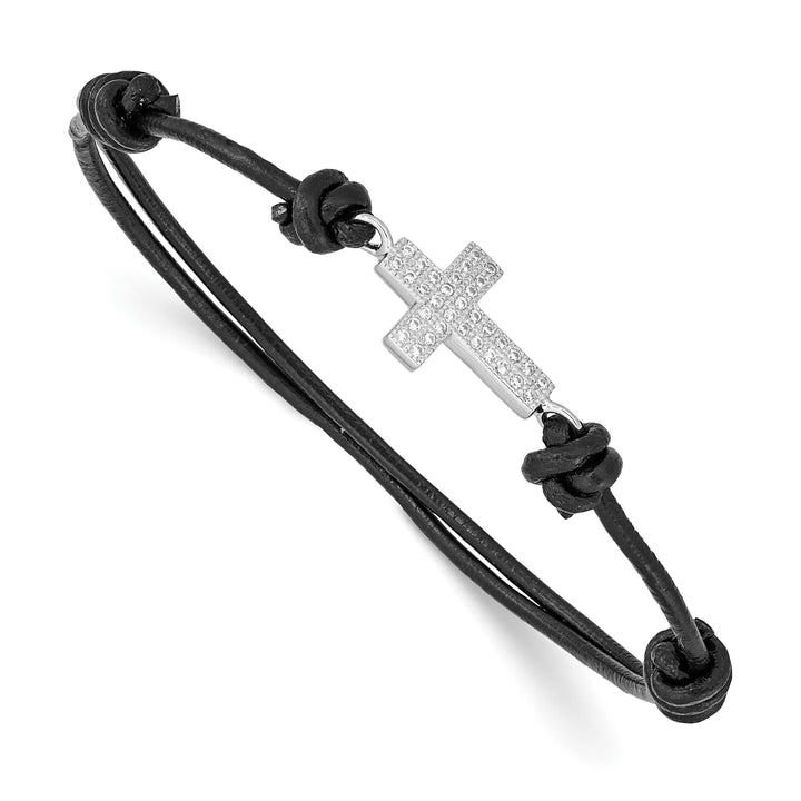 Sterling Silver Rhodium-plated CZ Cross Black Leather Bracelet
