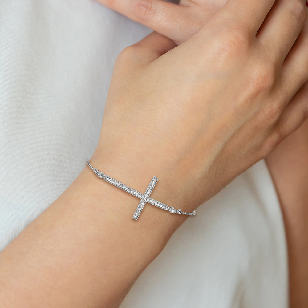 Sterling Silver CZ Polished Adjustable Cross Bracelet