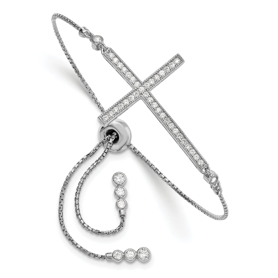 Sterling Silver CZ Polished Adjustable Cross Bracelet