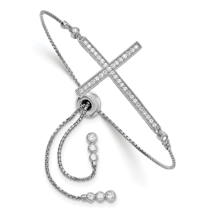 Sterling Silver CZ Polished Adjustable Cross Bracelet
