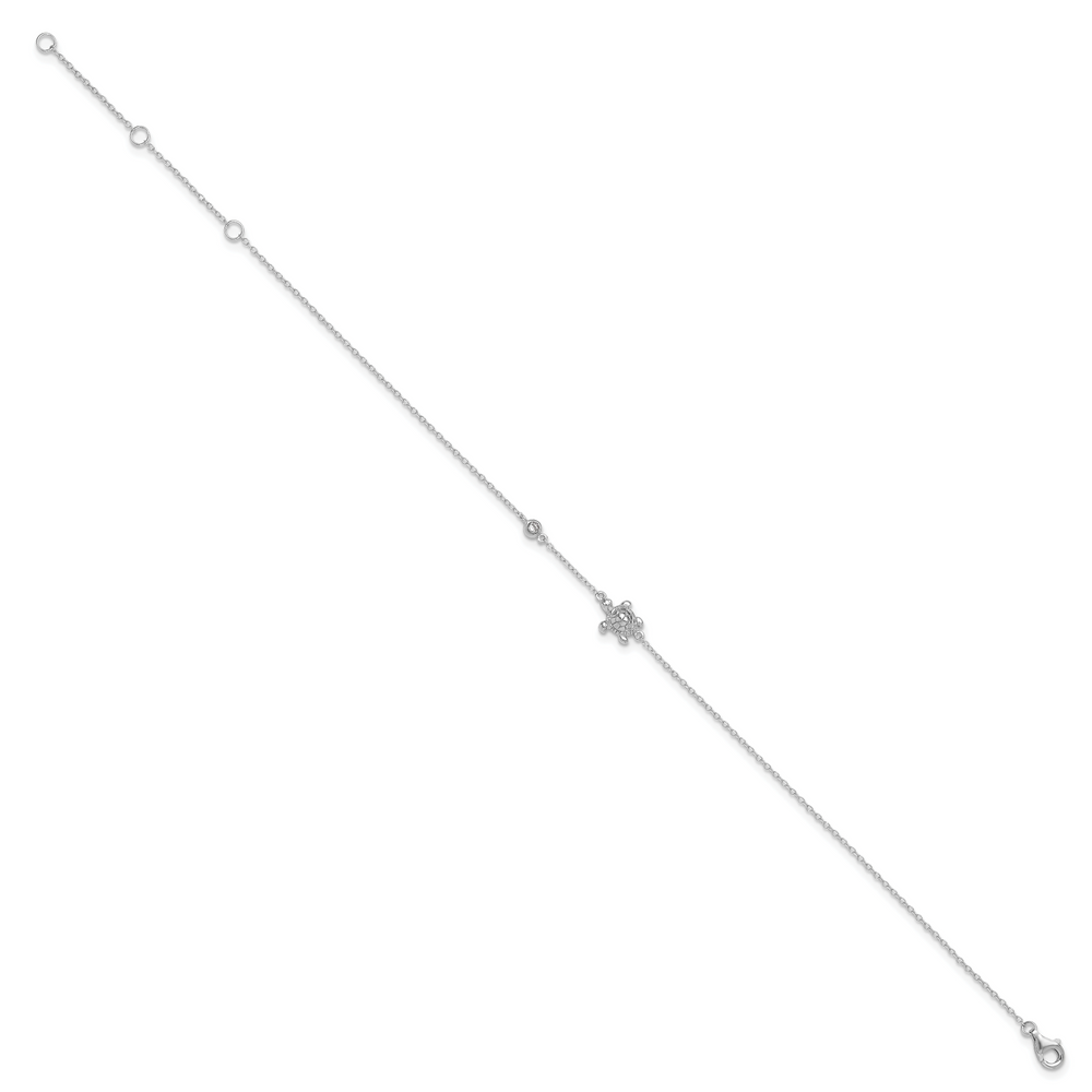 Sterling Silver CZ Turtle 9 inch Plus 2 inch Extender Anklet