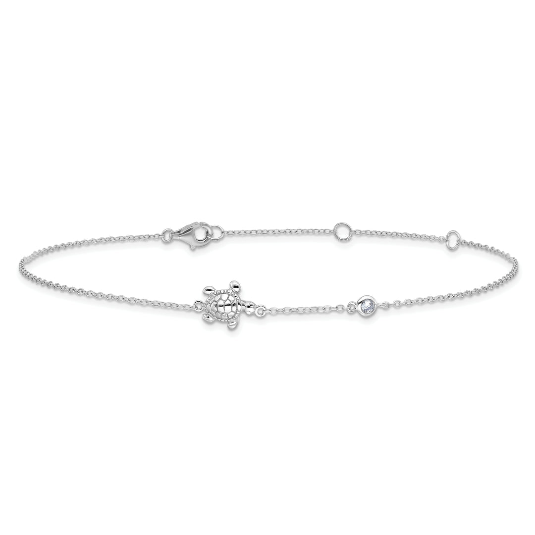 Sterling Silver CZ Turtle 9 inch Plus 2 inch Extender Anklet