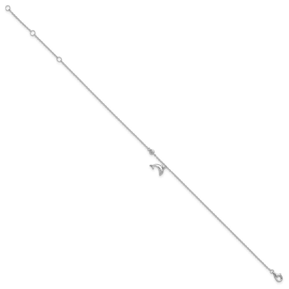 Sterling Silver CZ Dolphin 9 inch Plus 2 inch Extender Anklet