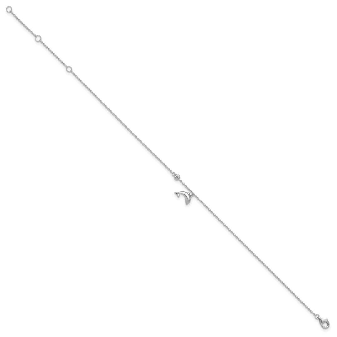 Sterling Silver CZ Dolphin 9 inch Plus 2 inch Extender Anklet