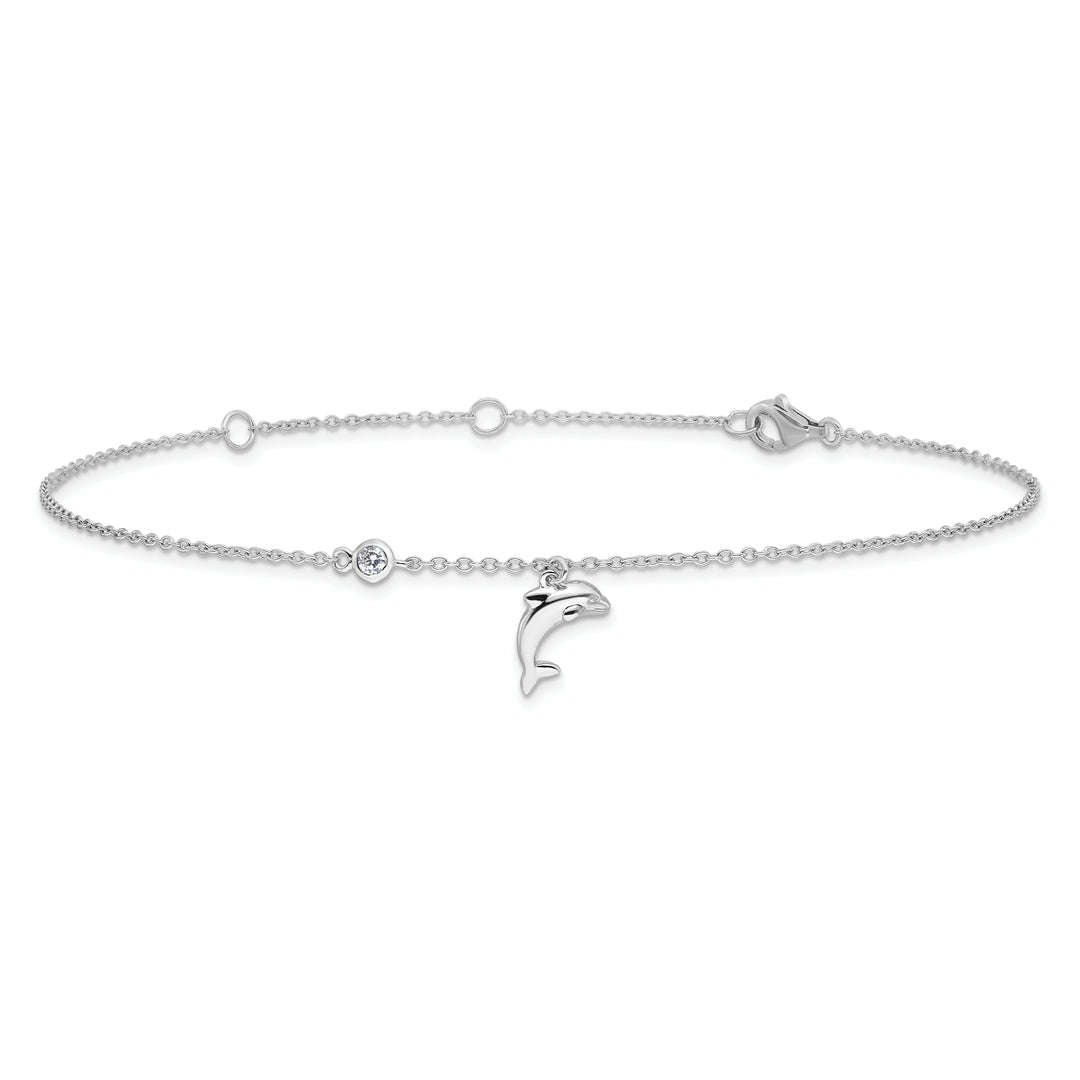 Sterling Silver CZ Dolphin 9 inch Plus 2 inch Extender Anklet