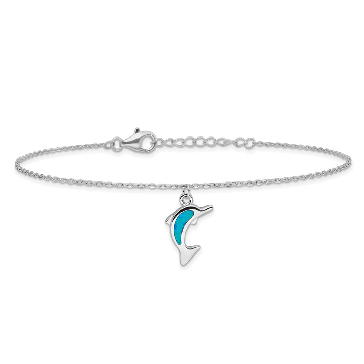 Sterling Silver Created Opal Dolphin 9 inch Anklet